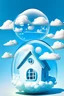 Placeholder: (Bubble house, small house made of tiny bubbles, cartoon style, above the clear white blue clouds