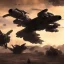 Placeholder: Armored Core fight another Armored Core fly in the sky in the desert with beside the ocean where you can see the space in the sky with twilight on the horizon, 4k resolution