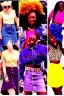 Placeholder: year 1996 denim fashion. Loose skirt, low waist. Colors: denim blue, blue, purple, cream, khaki, light green, lilac, plum, orange, terracotta, red, light yellow, lion yellow, pink, dark blue, beige. Cheetah pattern. Gwen Stephani, Missy Elliot, Shirley Manson.