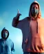 Placeholder: Realistic image, waist up view, a guy making the fuck you gesture with his hand, blue smoke coming out of his eyes, nose and mouth. inflatable hoodie shelter Happy, smile, soft color, highly detailed, unreal engine 5, ray tracing, RTX, lumen lighting, ultra detail, volumetric lighting, 3d, finely drawn, high definition, high resolution.