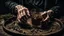 Placeholder: close up photo from an old woman's wrinkled hands holds one brown herb water in vintage water glass with , thriller, sinister , old witch interior, dark mood, perfect photo