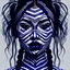 Placeholder: Create an optical illusion of black and white wavy lines forming the face of a young apache native woman with blue lipstick on her lips, touches of white and blue paint on her face, striped mask, highly detailed drawing, point of departure, anime, wildlife photography, drawing, art Conceptual, lively, fashion, cinema, 3D rendering