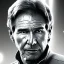 Placeholder: 8K space background with stunning photo realistic detailed head to waist portrait of harrison ford as han solo in star wars with photo realistic short hair by Luigi Lucioni, Sharp focus, brown eyes, weathered skin,space jacket from star wars, cinematic lightning