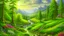 Placeholder: full light, trees, river, sky, idyllic forest with bright flowers, mountains, flowers, a small river, big scene, heavenly atmosphere, detailed painting, fantasy, intricate details, clear, delicate picture