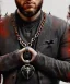 Placeholder: an abstract painting of rusted wood and ravens, Viking style, 8K, a Highly detailed stunning portrait of Dom man holding a submissive woman by the chain, realistic face, white suit, beard, and short hair, bad boy