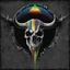 Placeholder: Iconic Pink Floyd's "dark Side of the Moon" album cover retrofitted for Danzig, color spectrum going through Danzig's bull skull logo, by George Hardie, sinister, heavy metal, dark color spectrum.