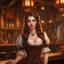 Placeholder: A looking young woman with pale skin and long brown hair in a fantasy tavern setting with intricate details. She is smirking, a tavern wench bartending, has intense red eyes, intimidating presence. High definition.