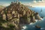 Placeholder: a large fantasy seaside metropolis, realistic artstyle, large castle on a hill near the coast, correct perspective, king's landing, constantinople, bird's perspective