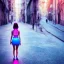 Placeholder: Beautiful lonely girl who walks along a street without people at dawn. You see her from behind. She wears a very short blue dressed. She has pink short hair with glowing crystals. Full body, 8k resolution concept art. Professional Photo HD. Stylish. Warm vivid colors. Panoramic