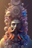 Placeholder: bearded man head with feathers, spheres, cubes, gears, clocks, engine parts, exhaust pipes, fur, peacock feathers, mechanism, in the style of Android Jones, gradient, bioluminescent, rococo, photorealistic, intricate details, 8k, purple and gold, digital painting, top light, illustration, trending on artstation