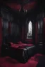 Placeholder: dark red, black, goth, bedroom, vampire vibe, darkly, castle vibe, old, royal, big bed, minimalism