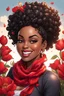 Placeholder: Create a comic book cartoon art style image of a curvy black female looking down with a smile on her face. Prominent makeup with hazel eyes. Highly detailed messy curly bun with a hair scarf on her head with large red tulip flowers surrounding her. 2k