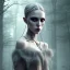 Placeholder: ethereal, gothic makeup, female monk, dark forest, shaved head, full-body