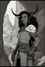 Placeholder: A DnD character. A female horned Tiefling ranger with pointy ears standing in a cave. The Tiefling has curly hair and a little pterosaurs on her shoulder.