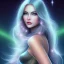 Placeholder: beautiful woman with long hair and smile look the stars and northern aurora blue turquoise lights, blue, pink,