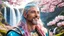 Placeholder: Photo realistic portrait of a gorgeous smiling skinny viking god with a golden dark shining skin, long smooth clear turquoise blue and pink white hair, blue eyes, in a sci-fi outfit with luminous strikes blowing a kiss in a hill of flowers with sakura trees, a waterfall, a crystal palace, loads of mini flowers, moss, sun rays through the branches, particles in the air at spring. Intricated details,