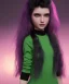 Placeholder: purple haired human girl with bright green eyes wearing black dress