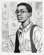 Placeholder: coloring page for teens, simple outlines art, cartoon style, outline drawing, bold outlines, clean and clear outlines, no tones color, no color, no detailed art, art full view, wide angle, white background, GORDON PARKS, African-American photographer and director.