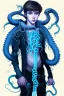 Placeholder: 16 year old boy warlock with milky blue eyes, and lamprey tentacle growing out of his belly. in the style of HR Giger