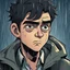 Placeholder: a closeup of a disgusted young man in a heavy coat during a rainstorm cartoon