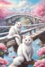 Placeholder: in the center: beautiful chunky white cats playing with mice on a bridge , background: landscape, first plan: pink flowers and a small river with blue water, sky: white clouds with more cats sitting on them, season: winter and snowfall