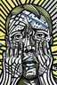 Placeholder: tribal man in grief with hands on face crazy shapes pencil draw style of roy lichtenstein