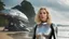 Placeholder: Middle-aged woman with blond hair in a robotic silver catsuit, standing on the right of a partially submerged sleek spaceship, on an alien beach, with alien trees