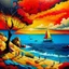 Placeholder: Vibrant painterly illustration, symbolic geometric realism. A surreal coastal landscape divided between land and sea. On a dark cliff in the foreground stands a leafless tree with delicate branches; nearby, small human figures appear as silhouettes. Sailboats float on a gently moving sea, their shapes simplified and graphic. Strong contrast between warm and cool tones, high color saturation, luminous pigments. Clearly painted surface with visible brushstrokes, flat yet textured color fields, han