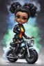 Placeholder: Create a digital airbrush illustration of a chibi cartoon full figure black female riding a sports motorcycle. She is wearing tie dye and black tights with biker boots. Prominent make up with log lashes and hazel eyes. Extremely highly detailed black shiny wavy hair up in a messy bun. Background of smoke surrounding her and the bike and she's at a bike show.