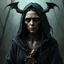 Placeholder: The demon witch, Lorissa Nightshade, appears—a gaunt, pale woman with hollowed out eyes and wearing tattered and torn robes. Grimdark realistic