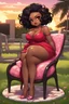 Placeholder: Against a background wash of golden sunset, a curvy chibi black female cartoon bombshell lounges on a lawn chair facing right. Her cascading black hair twists loosely halfway up, the rest falling around her shoulders. Dramatic makeup in sultry shades of brown and pink bring out her large, lined brown eyes. She sits sideways in a form-fitting red maxi dress, resting her rounded face on one hand as the other smooths the billowing fabric over her ample hips.