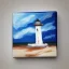 Placeholder: tiny oil painting of tiny lighthouse, plain white background, solid white background, tiny white canvas, tiny white frame, plain white wall, melancholy, tender, moody, vintage, delicate arrangement, beautiful composition, etsy, aesthetic layout, plain solid white background