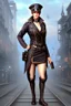 Placeholder: full body picture of a UK policewoman, steampunk city background