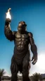 Placeholder: A statue of an ape in the desert , raised his hand holding a torch and looking up to the sky
