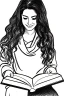 Placeholder: Pencil sketch of Young woman, Arab features, long wavy hair, reading a book, full body، on lined paper