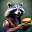 Placeholder: portrait of a male anthropomorphic raccoon holding a burger. character design. unreal engine 5, artistic lighting, highly detailed, photorealistic, fantasy.