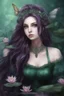 Placeholder: Dark green hair Water lilies long hair lotus night Fairy princess rapunzel hair queen crown dragonflies fireflies elven tiara flowers fairy wings gothic purple