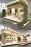 Placeholder: Corner exhibition stand in eco-style, with wood elements and greenery, with meeting areas