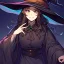 Placeholder: retro style, witch, witch hat, witch robe, expression smiling, portrait