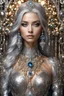 Placeholder: Fullbody photography ultra realistic portrait natural beauty of young woman, beautiful, shiny hard eyes, make up, shiny baubles, ornate, large gemstones, shiny molten metalics, shiny wire filigree, silver hair, high definition, high res,establishing shot