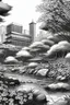 Placeholder: Tokyo garden in Spring abstract pencil black and white STYLE OF HIROKU OGAI