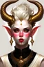 Placeholder: A young tiefling woman with a set of ram horns on her head encrusted with jewels, White-Blonde, short hair, black eyes, no pupils, dressed in all white, beautiful, she looks like an angel