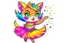 Placeholder: a cute fluffy chibi cat dancer in metallic silky shined colourful dress dynamically dancing and throwing up shiny metallic glitters