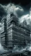 Placeholder: Synthography Art generated Of a high rise building with visual details of mechanical and electrical components and chips and components textures with gray clouds storm in the background