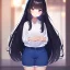 Placeholder: Clear focus,High resolution, Black long fluffy hair, and purple eyes, wearing a blue shorts,white shirt, Loli