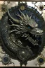 Placeholder: Mixed media painting, Dragon's head, with a round black filigree ornament in the corner