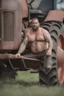 Placeholder: extreme close up photography of a ugly strong overweight 42 year old gipsy tractor driver shirtless in short pants to his tractor in the field , sunlight, manly chest, bullneck, big nose, short beard, angry eyes, tattoo, long curly hair, photorealistic, side light , frontal view from the ground, cinematic