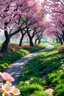 Placeholder: 3d holographic editorial photo, A beautiful fairytale landscape, detailed, trees and flower blooming along a road , fantasy, colorful flowers, green grass, soft, pretty visuals, aesthetic, artstation, shadow effect, insanely detailed and intricate, photorealistic, highly detailed, artstation by wlop, by artgerm, art by tom bagshaw, atey ghailan, andrew atroshenko, stanley artgerm..