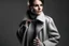 Placeholder: an image of a female model in a grey wool coat. light grey background. fashion style photo