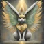 Placeholder: Rabbit Monster who is Egyptian sphinx-themed with feathered wings in light-gray green and gold colors can blast a beam of energy, best quality, masterpiece, background pyramid, in fresco art style